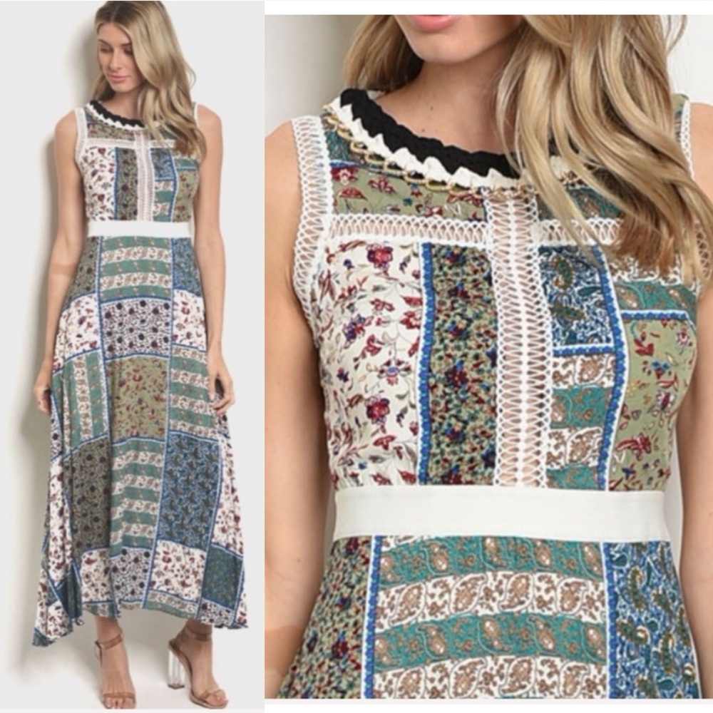 ⚡️FLASH SALE⚡️Gorgeous Boho Gypsy Patchwork Print Maxi Dress LaceTrim NWT